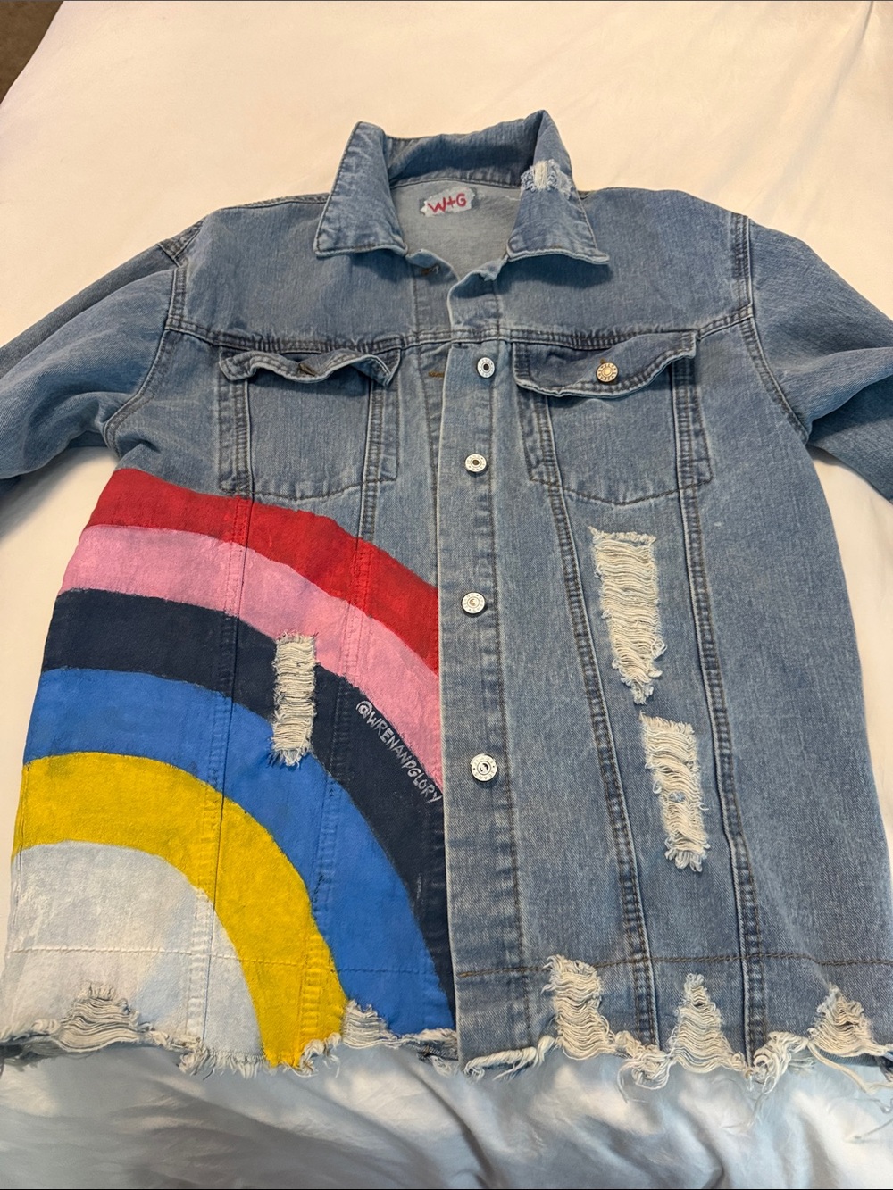 Hand-Painted Rainbow Distressed Denim Jacket by W+G